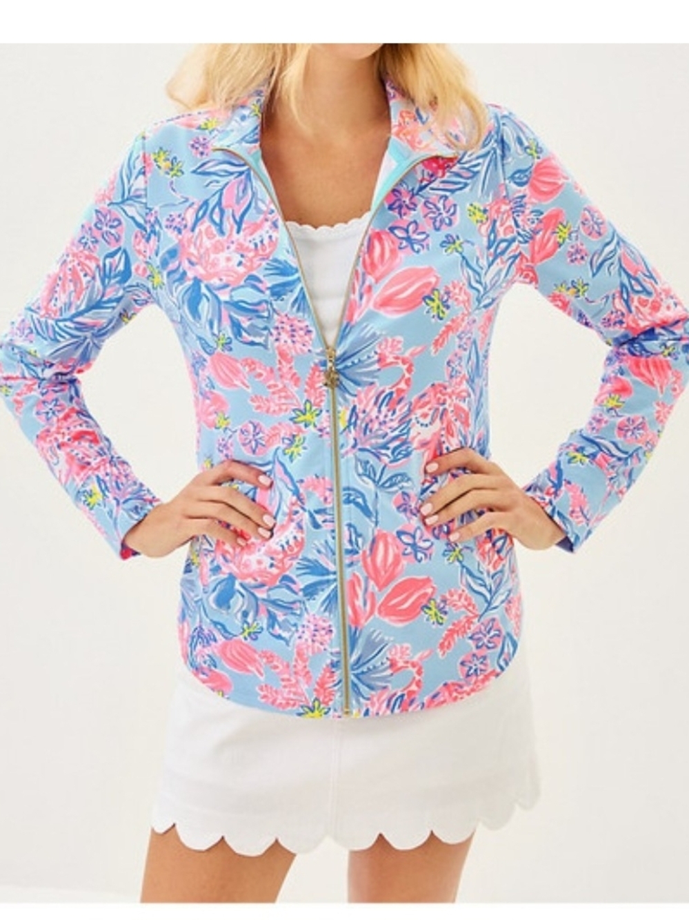 NWT Lilly Pulitzer Blue Pink Elephant Splash Floral Zip-Up Leona Jacket XS